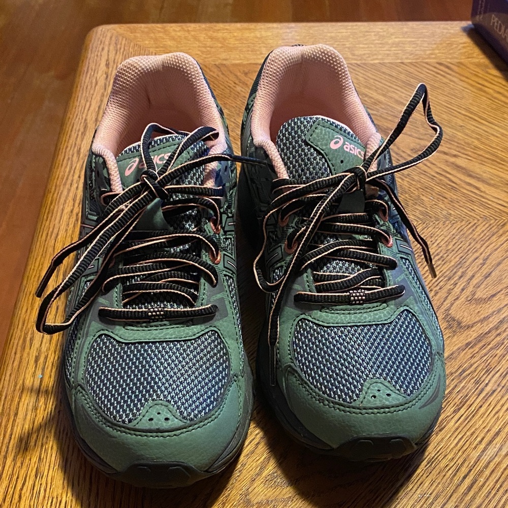 ASICS Forest Green and Coral Sneakers